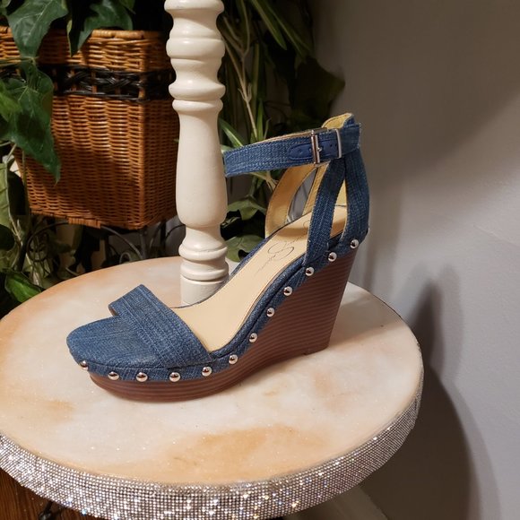 New Jessica Simpson Denim Studded Wedge Heels - Picture 12 of 12